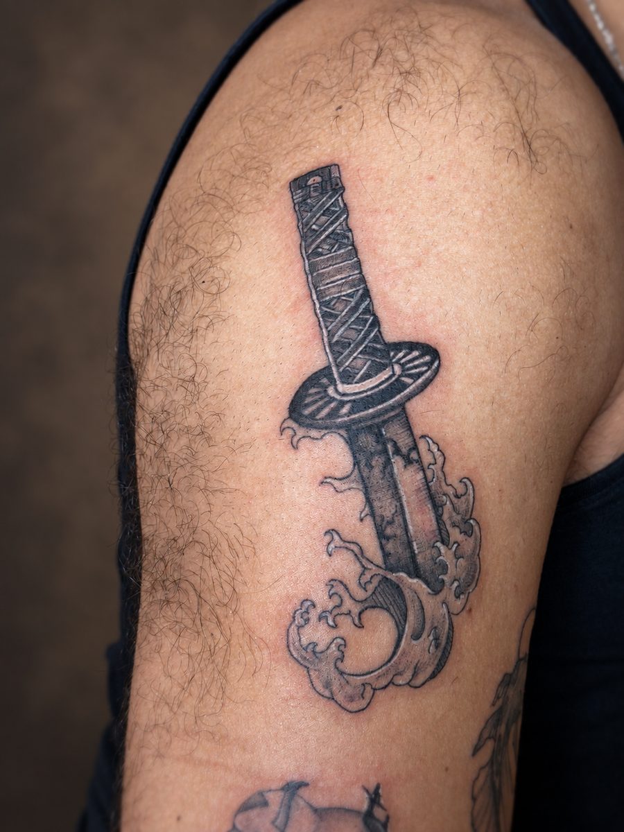 Blackwork tattoo van een dagger met wolken op de bovenarm, gezet bij EmmsTattoo in Lelystad