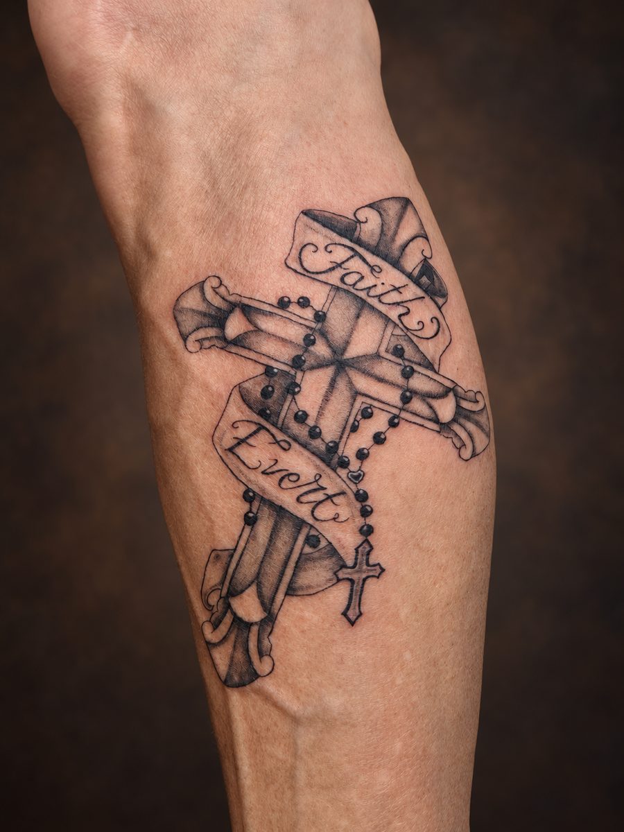Blackwork tattoo van een dolk met ornament in dicht zwart op de kuit, gezet bij EmmsTattoo in Lelystad