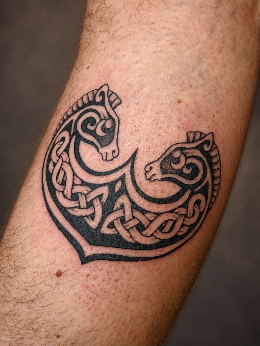 Blackwork tattoo van keltisch vlechtwerk in massief zwart op de kuit, gezet bij EmmsTattoo in Lelystad