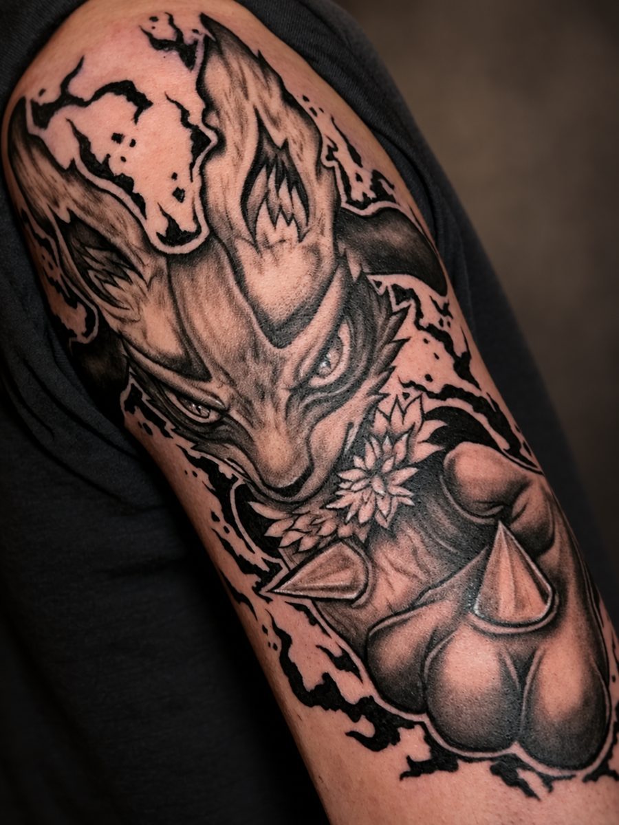 Blackwork tattoo van een vossenkop met zonnebloem op de bovenarm