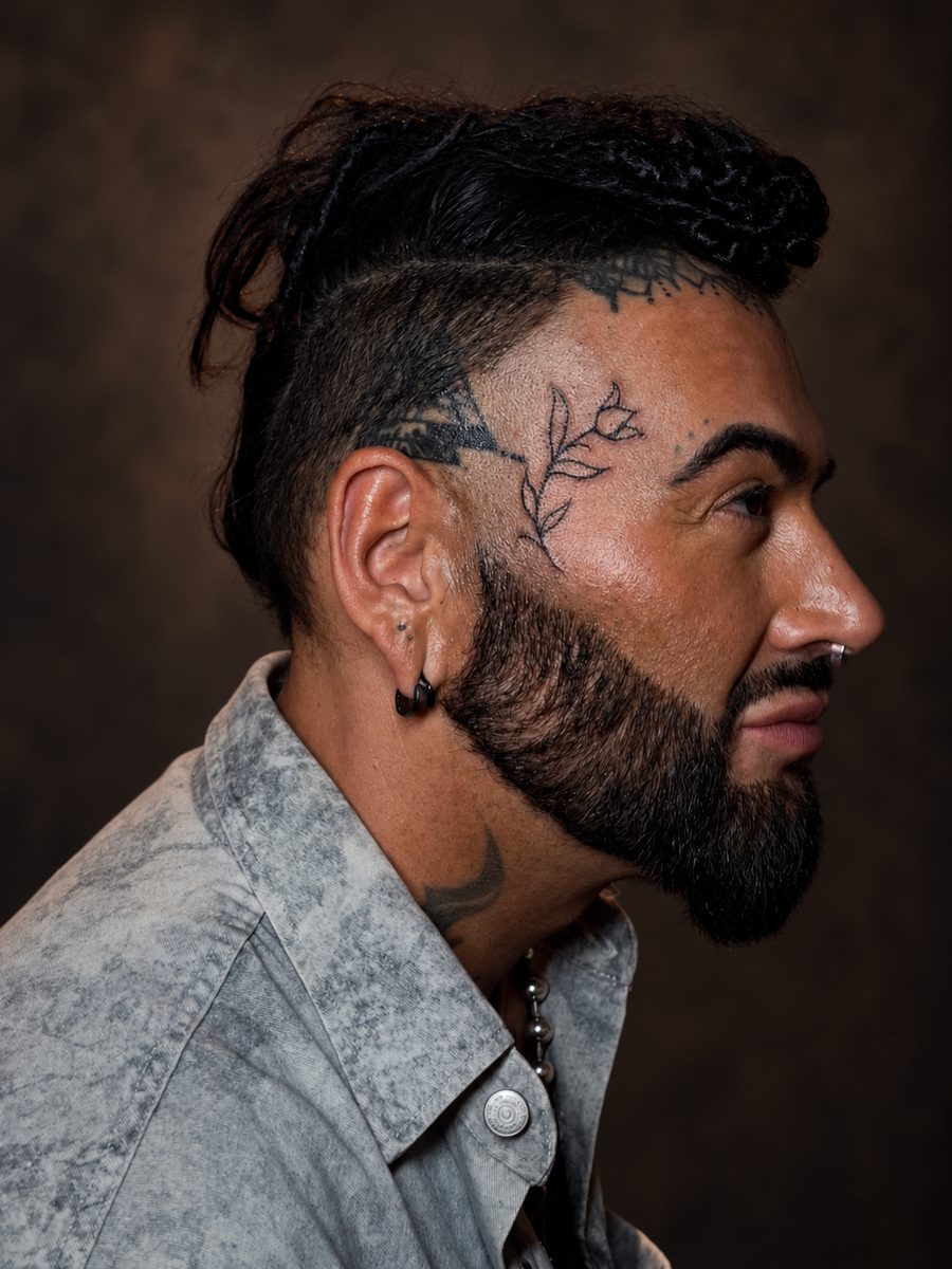 Fineline tattoo van een fijne bloem naast het oog, gezet bij EmmsTattoo in Lelystad