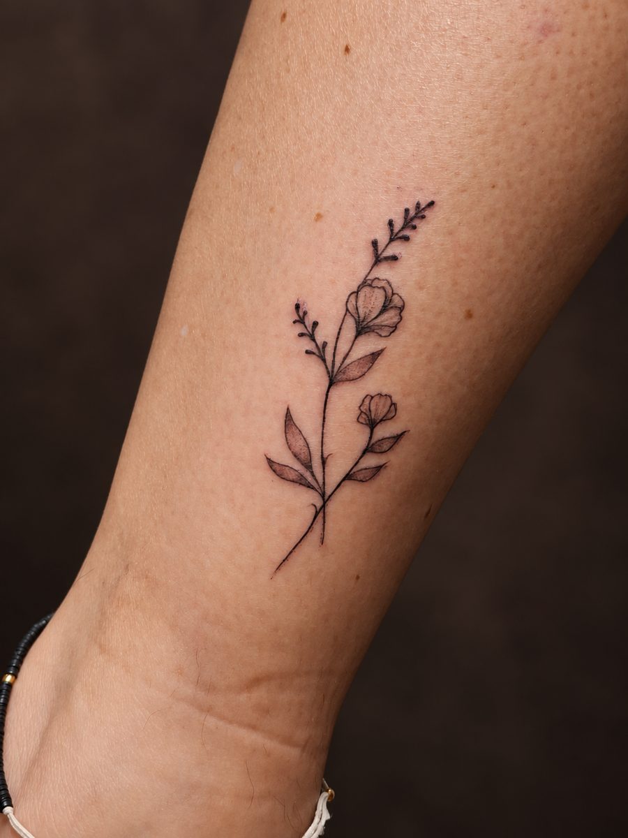 Fineline tattoo van een fijne botanische tak op de enkel, gezet bij EmmsTattoo in Lelystad