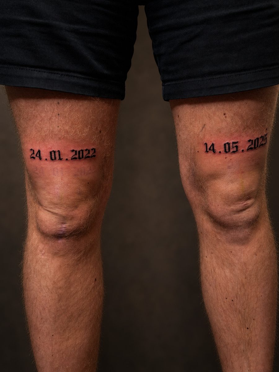 Fineline tattoo van twee datums boven de knieen, gezet bij EmmsTattoo in Lelystad
