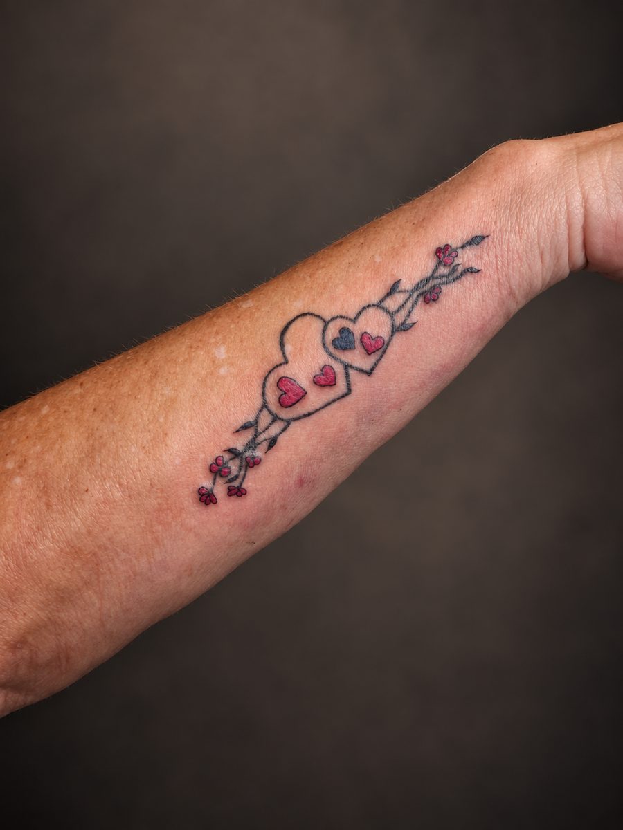Fineline tattoo van een hartje met kleine bloemen op de onderarm, gezet bij EmmsTattoo in Lelystad