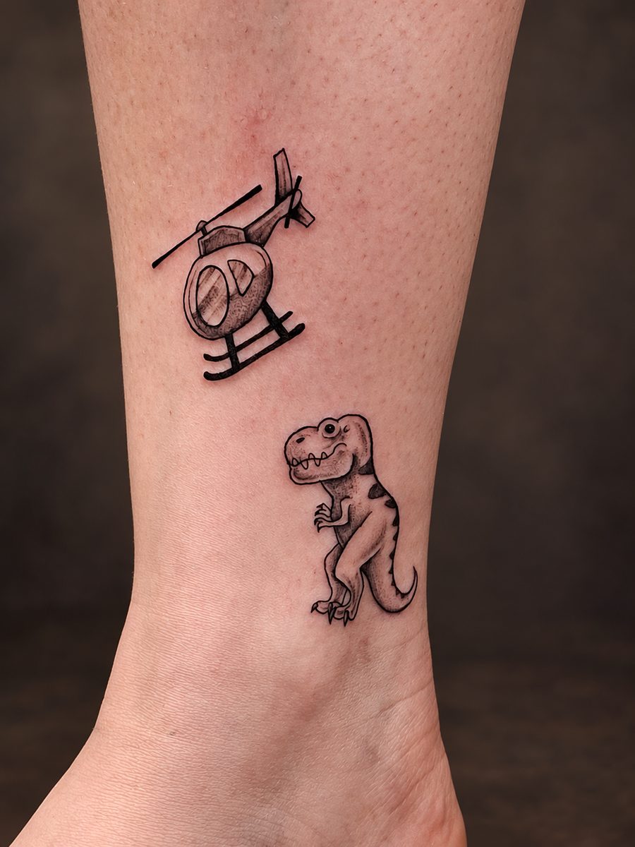 Fineline tattoo van een kleine helikopter en dinosaurus op de enkel, gezet bij EmmsTattoo in Lelystad