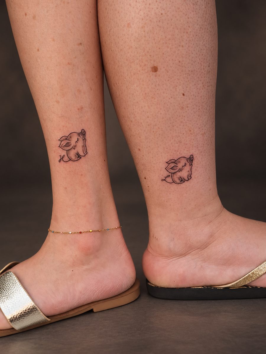 Fineline tattoo van twee kleine ontwerpen op de enkels, gezet bij EmmsTattoo in Lelystad