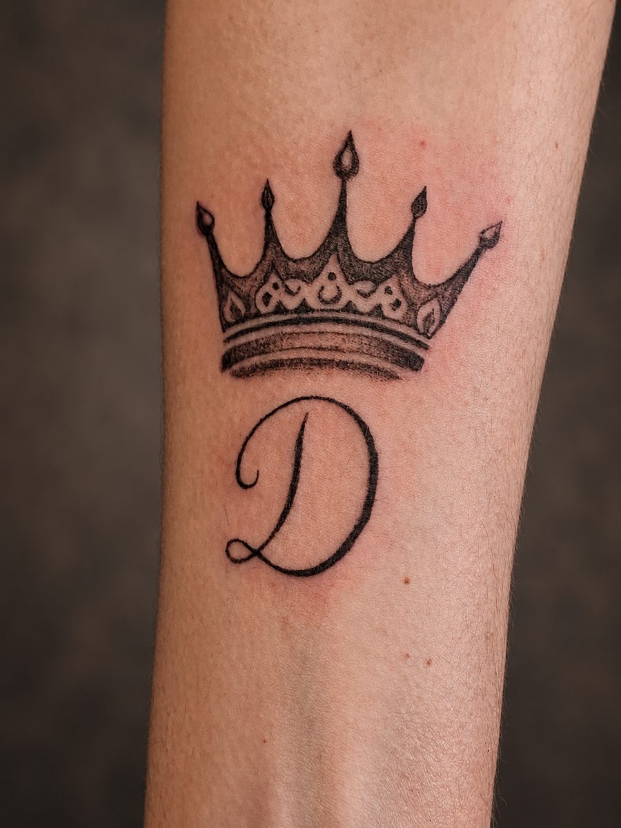 Fineline tattoo van een sierlijke kroon boven een letter op de onderarm, gezet bij EmmsTattoo in Lelystad