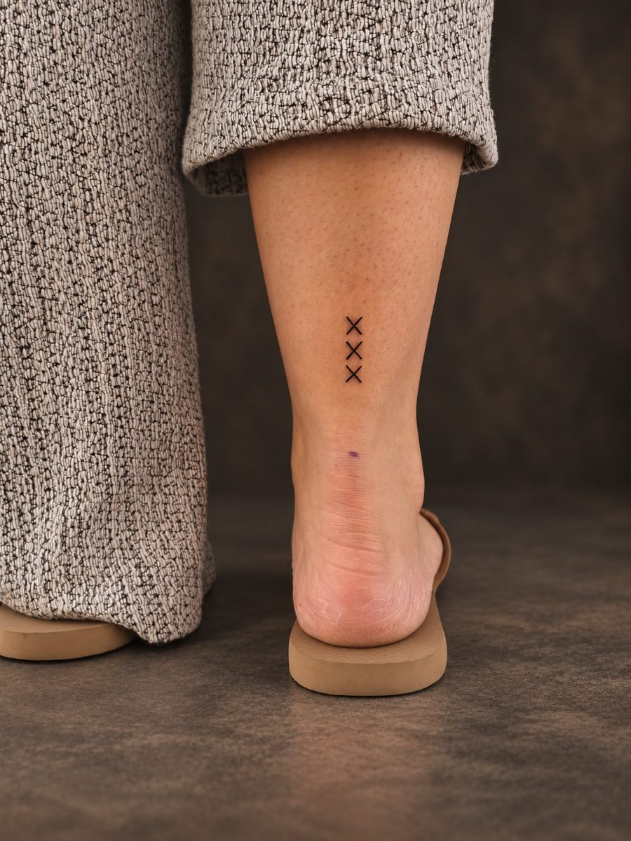Fineline tattoo van drie kleine kruisjes op de enkel, gezet bij EmmsTattoo in Lelystad