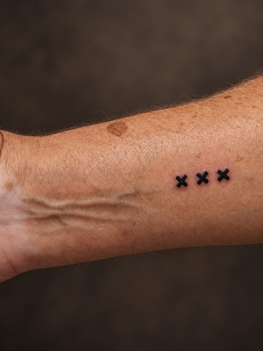 Fineline tattoo van drie kruisjes op de onderarm, gezet bij EmmsTattoo in Lelystad