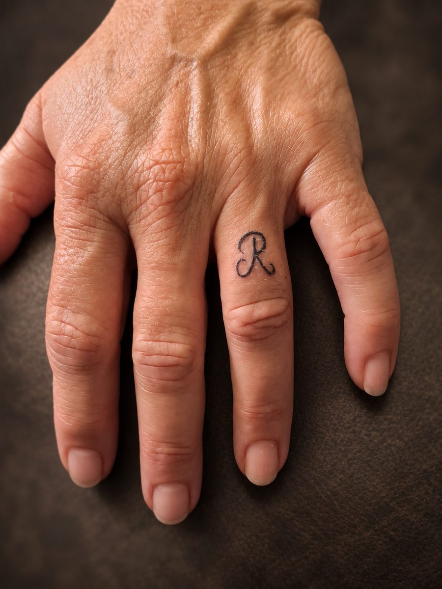 Fineline tattoo van een enkele letter op de hand, gezet bij EmmsTattoo in Lelystad