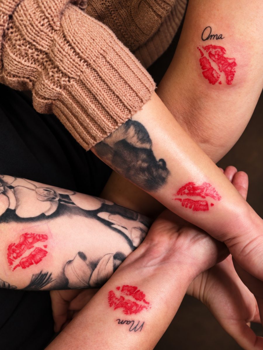Fineline tattoo van lipafdrukken op twee armen, gezet bij EmmsTattoo in Lelystad