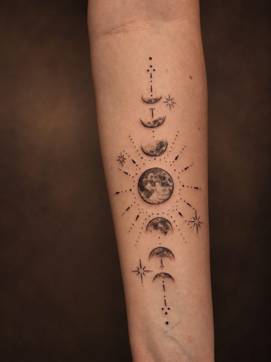 Fineline tattoo met de maanstanden onder elkaar op de onderarm, gezet in Lelystad