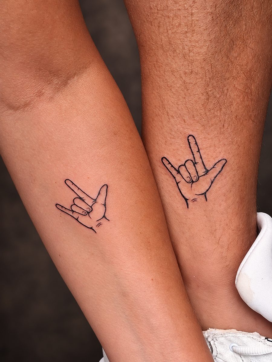 Fineline tattoo van twee matching handgebaren op de benen, gezet bij EmmsTattoo in Lelystad