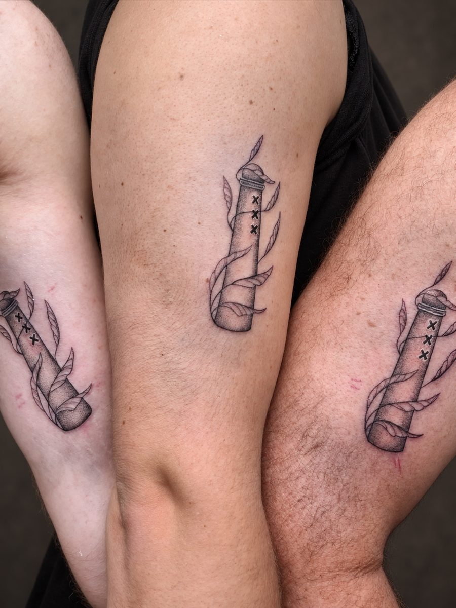 Drie matching fineline tattoos op drie armen, gezet bij EmmsTattoo in Lelystad