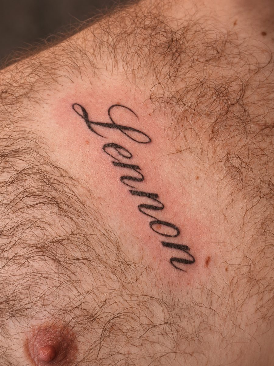 Fineline tattoo van een naam in sierlijke letters op de borst, gezet bij EmmsTattoo in Lelystad