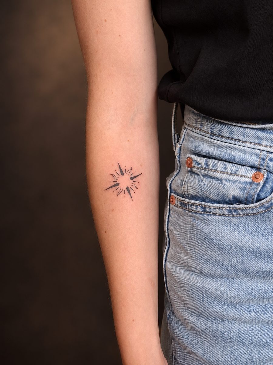 Fineline tattoo van een klein sterretje op de zij, gezet bij EmmsTattoo in Lelystad
