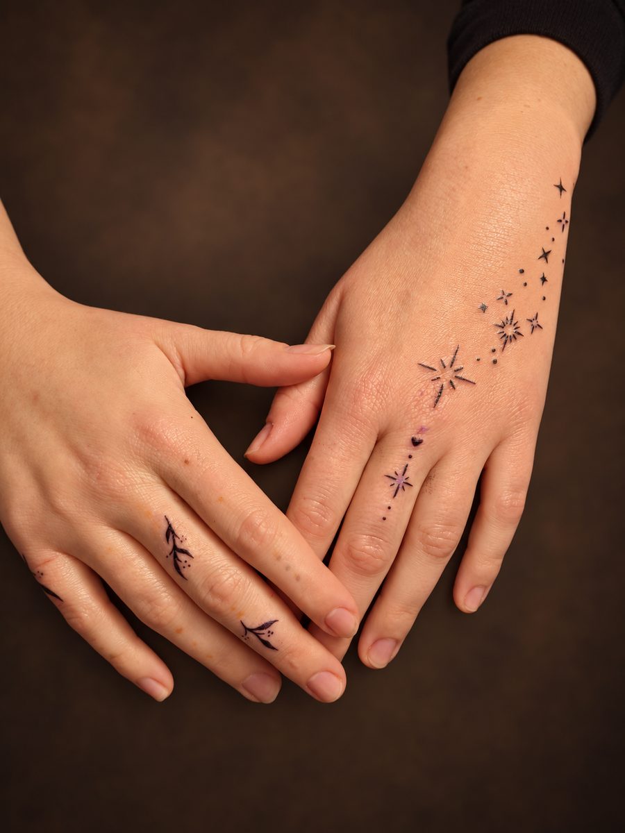 Fineline tattoo van sterretjes en kleine symbolen op twee handen, gezet bij EmmsTattoo in Lelystad