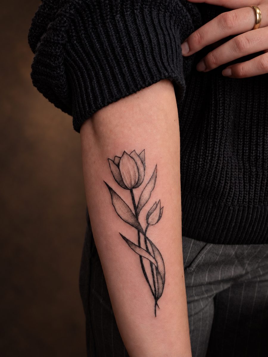 Fineline tattoo van een tulp in fijne lijnen op de bovenarm, gezet bij EmmsTattoo in Lelystad