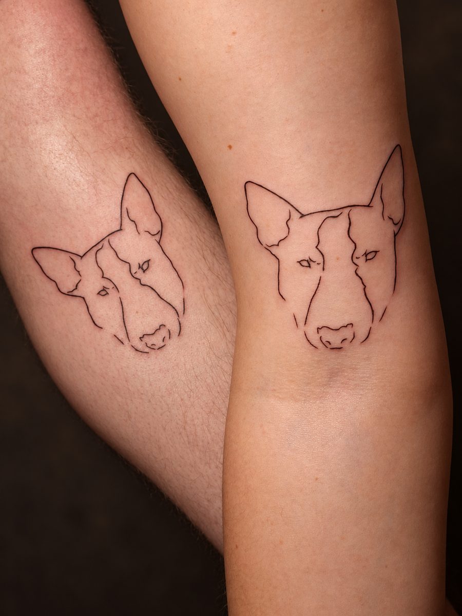 Fineline tattoo van twee hondenkoppen in fijne lijnen op de benen, gezet bij EmmsTattoo in Lelystad