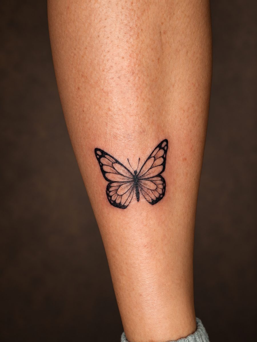 Fineline tattoo van een vlinder in fijne lijnen op de kuit, gezet bij EmmsTattoo in Lelystad