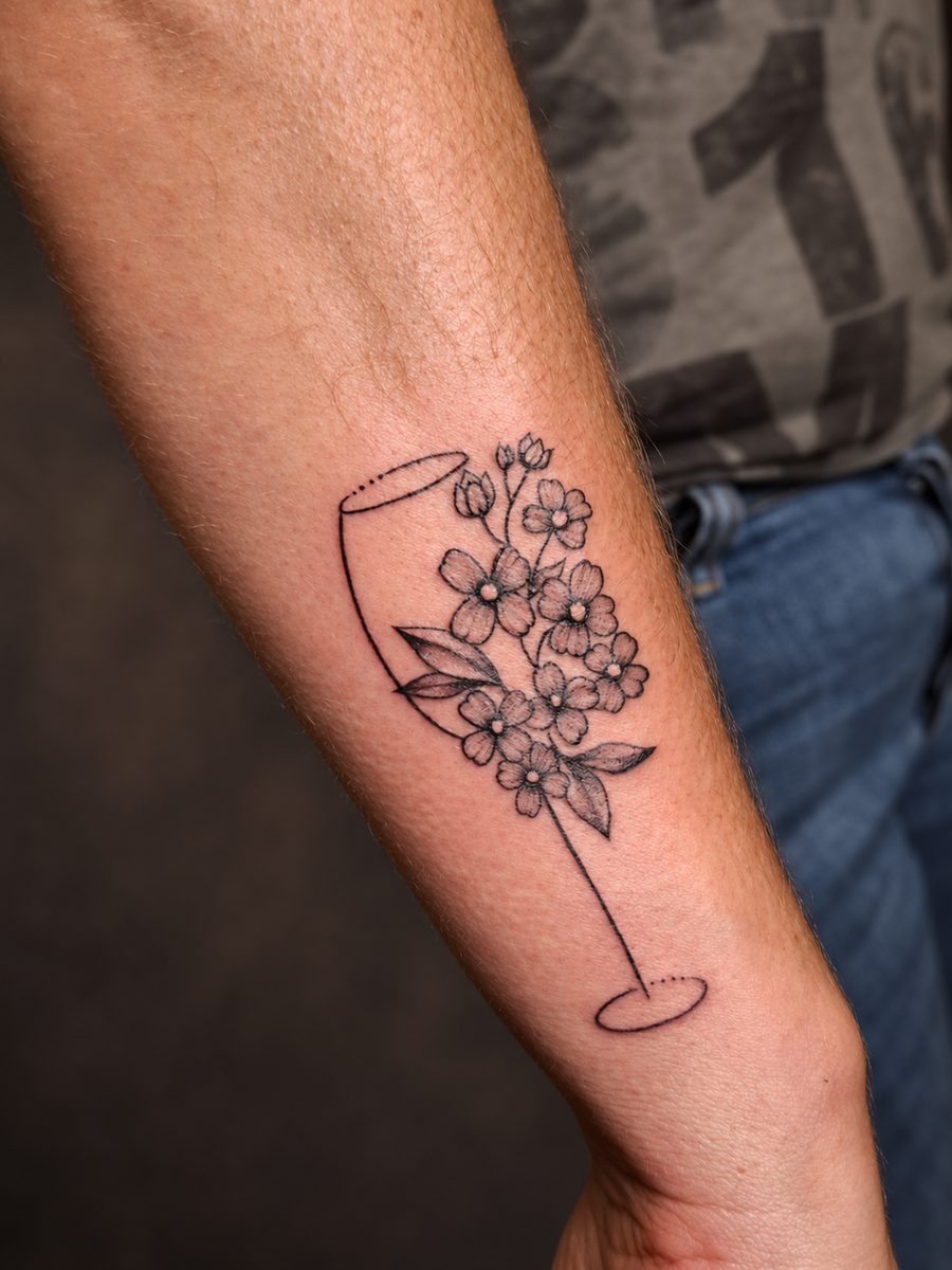 Fineline tattoo van een wijnglas met bloemen in doorlopende lijn op de onderarm, gezet bij EmmsTattoo in Lelystad