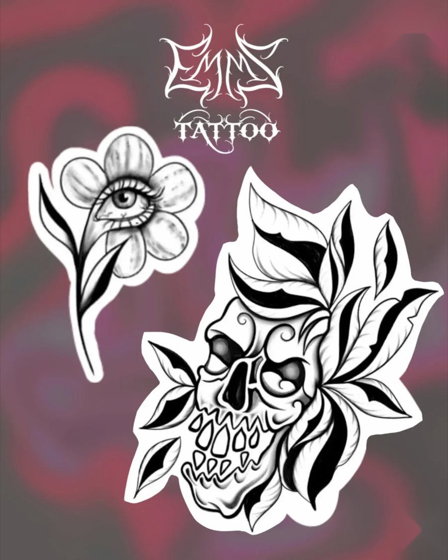 Flash-ontwerp van EmmsTattoo in Lelystad: oogbloem en schedel