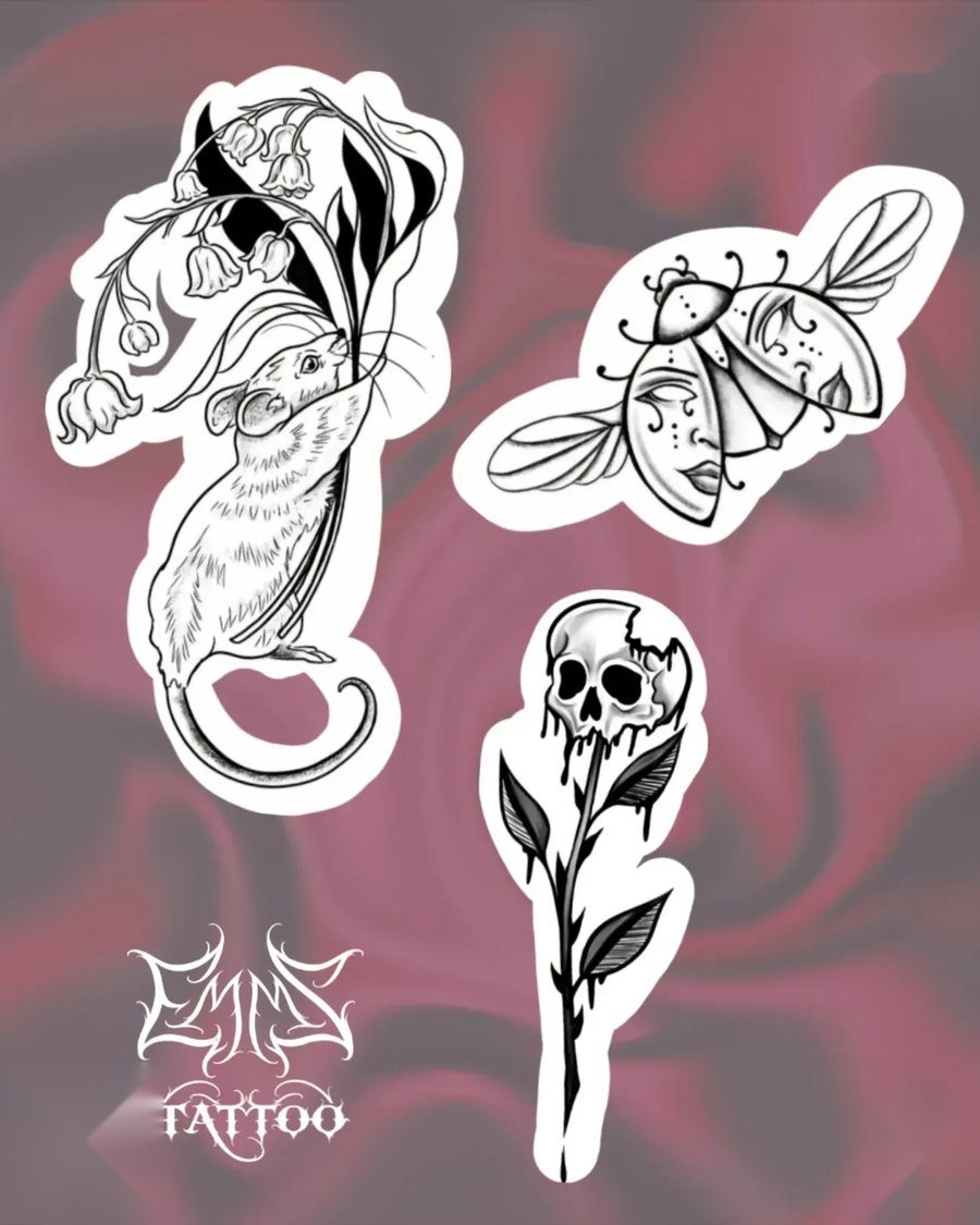 Flash-ontwerp van EmmsTattoo in Lelystad: zwammendame en schedelbloem