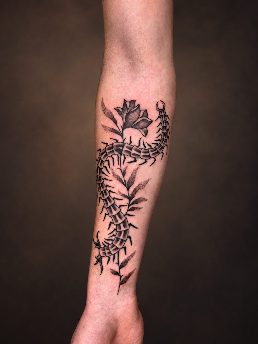 Floral tattoo van bloemen en bladeren op de onderarm, gezet bij EmmsTattoo in Lelystad