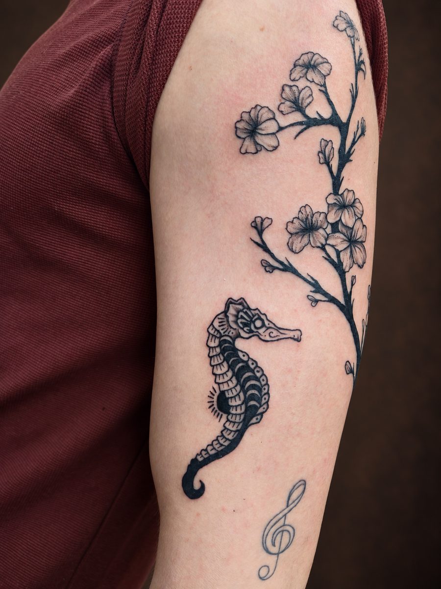 Floral tattoo van bloemen met een zeepaardje op de bovenarm, gezet bij EmmsTattoo in Lelystad
