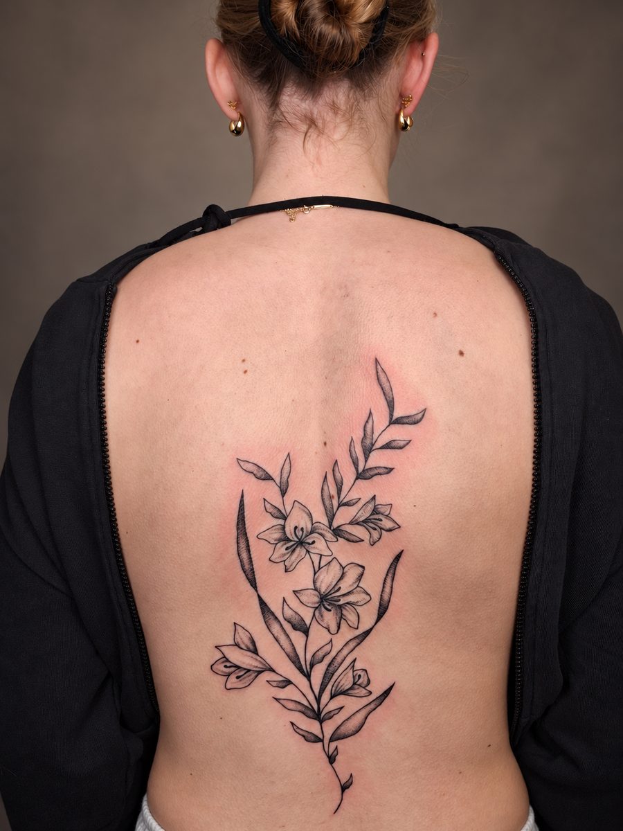 Floral tattoo van een bloemenrank over de rug, gezet bij EmmsTattoo in Lelystad