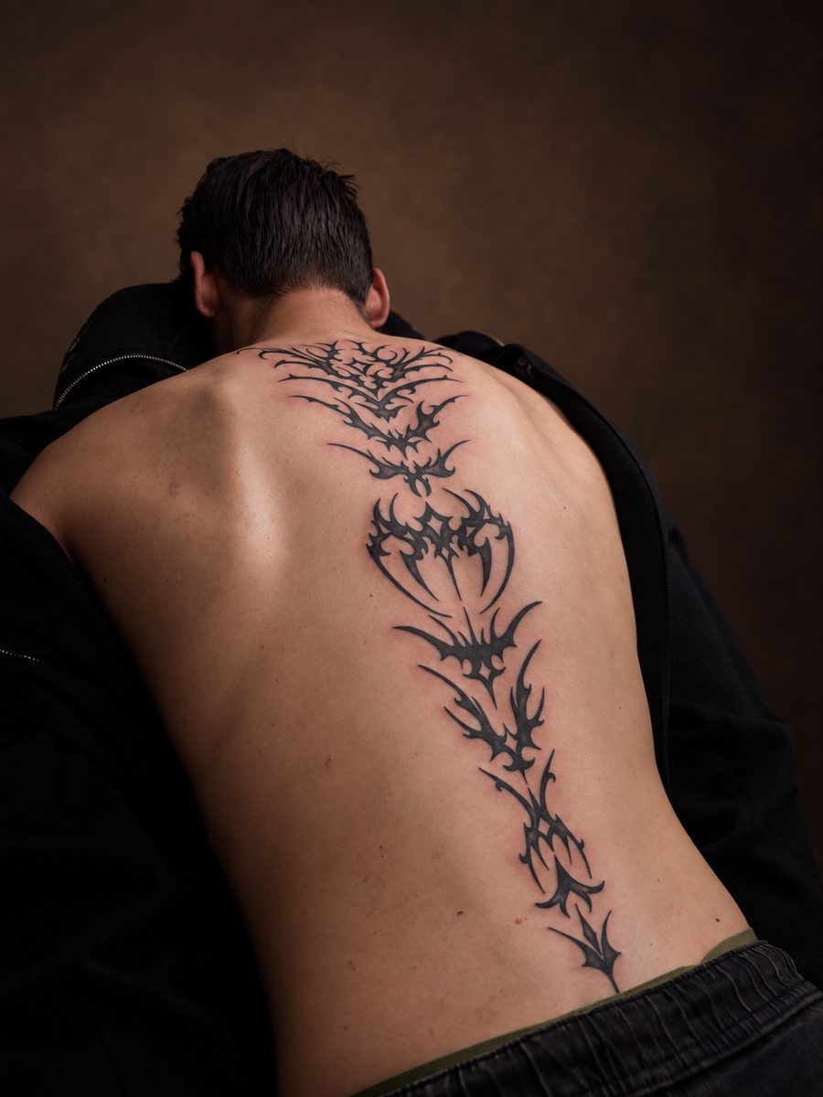 Floral tattoo van een bloemenrank langs de rug, gezet bij EmmsTattoo in Lelystad