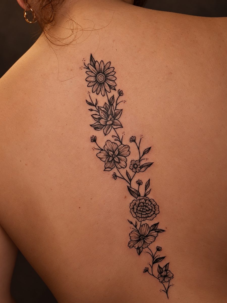 Floral tattoo van een bloemenrank langs de ruggengraat, gezet bij EmmsTattoo in Lelystad