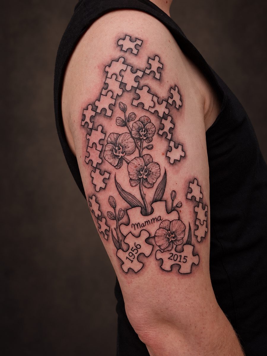 Floral tattoo van een bloementak op de bovenarm, gezet bij EmmsTattoo in Lelystad