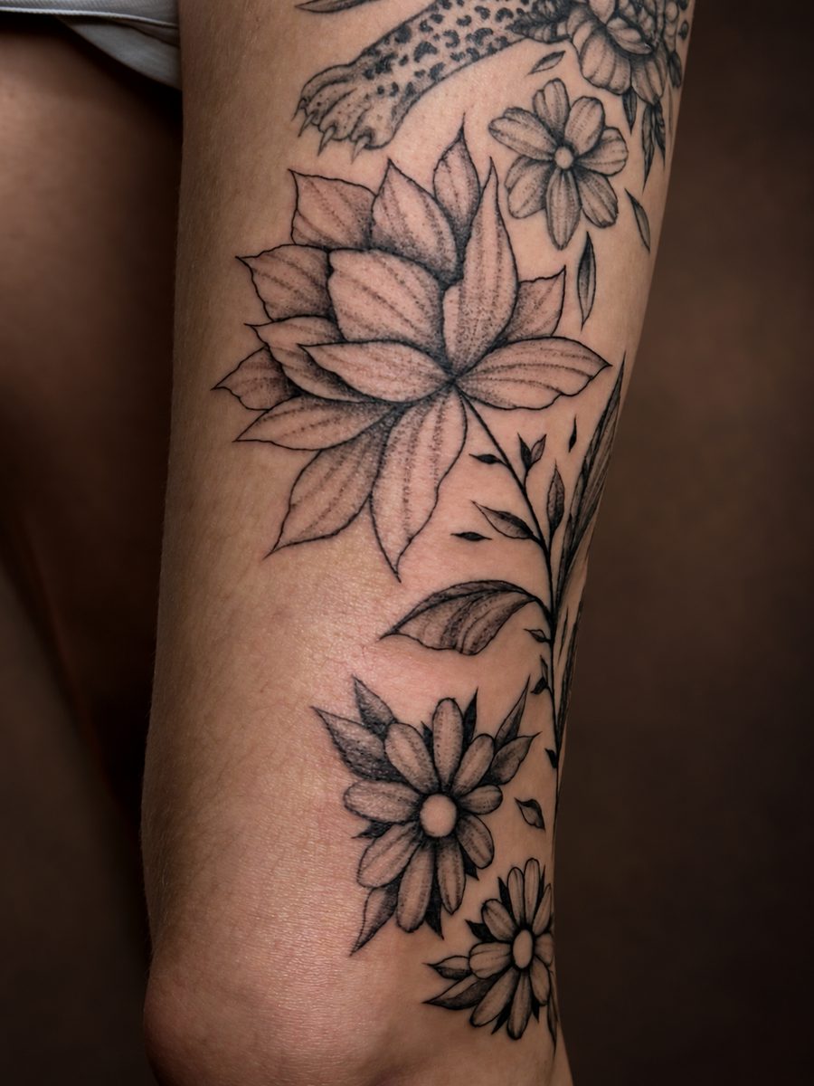 Floral tattoo van een lotus met bloemen op de dij, gezet bij EmmsTattoo in Lelystad