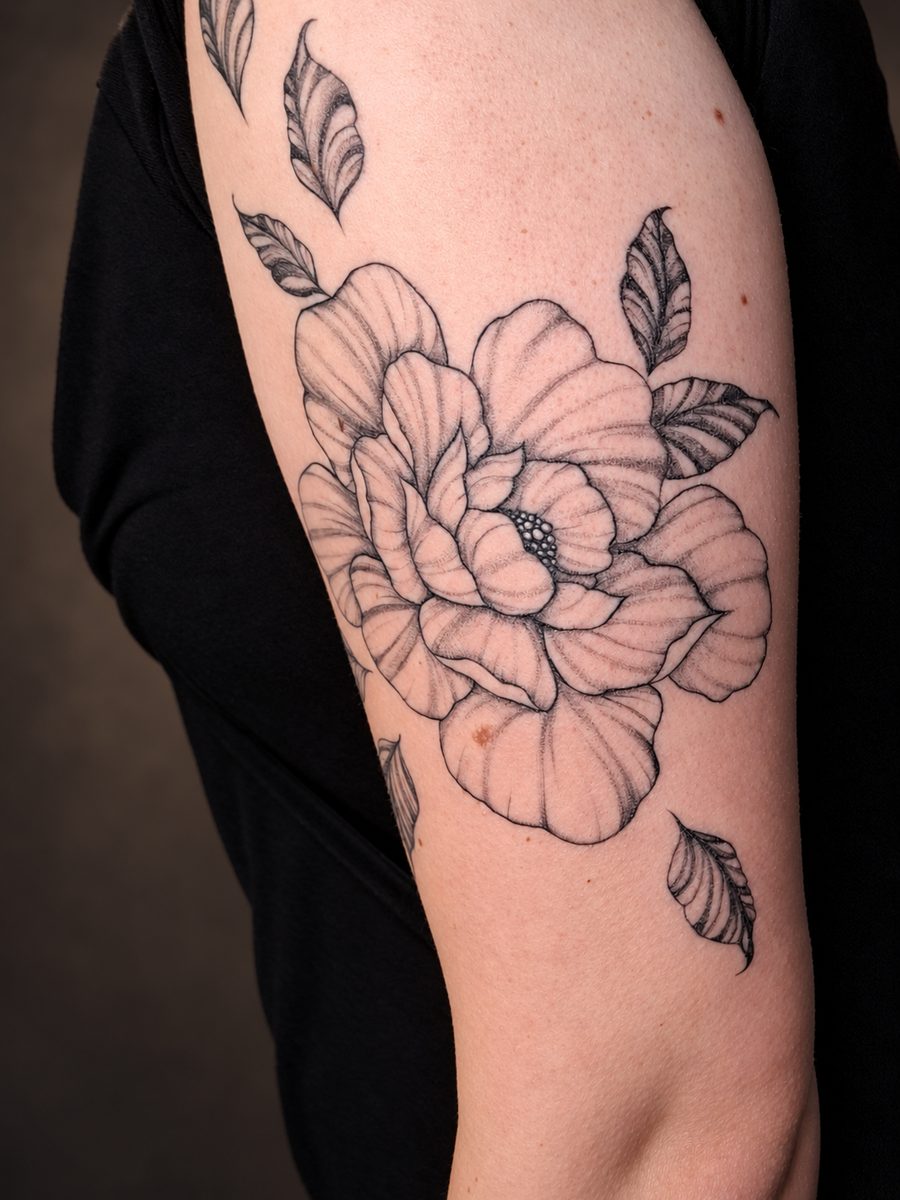Floral tattoo van een pioenroos met losse blaadjes op de bovenarm, gezet bij EmmsTattoo in Lelystad