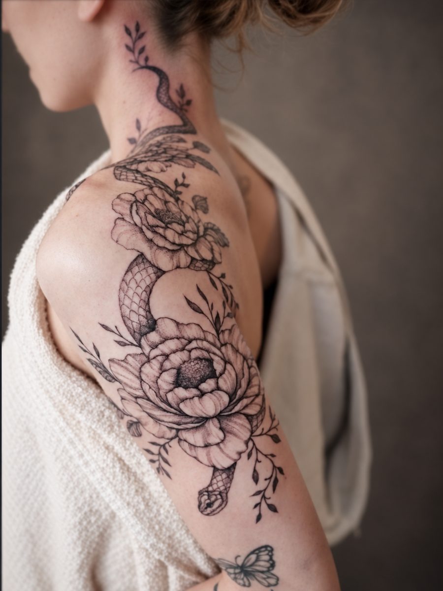 Floral tattoo met een pioenroos over schouder en nek, gezet in Lelystad