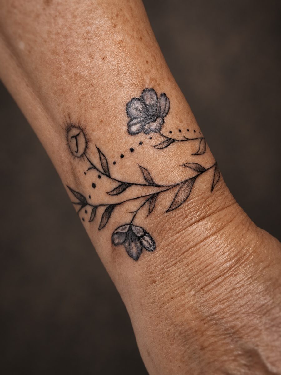 Floral tattoo met een rank met bloemen langs de onderarm, gezet in Lelystad