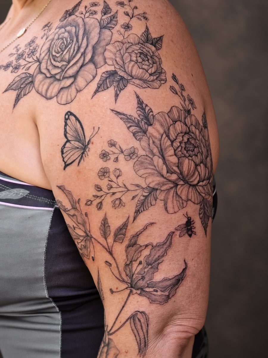 Floral tattoo met rozen, pioenrozen en een vlinder op de bovenarm