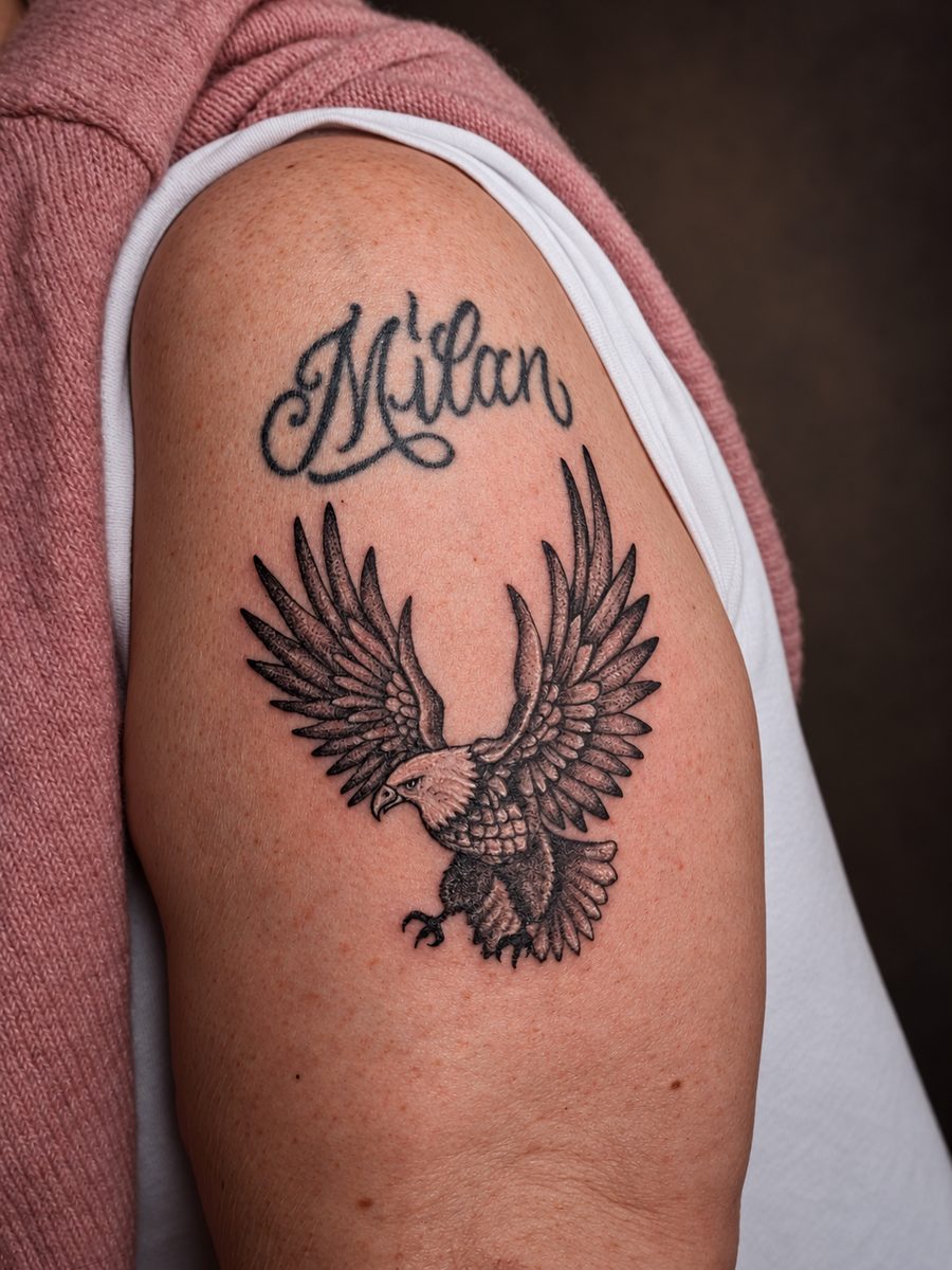 Illustrative tattoo van een adelaar met een naam erboven op de schouder, gezet bij EmmsTattoo in Lelystad