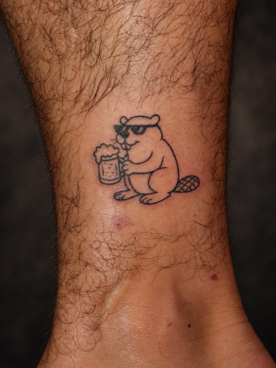 Illustrative tattoo van een beertje op de enkel, gezet bij EmmsTattoo in Lelystad