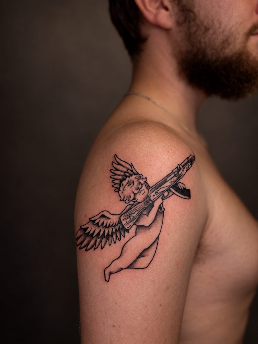 Illustrative tattoo van een engel met zwaard op de schouder, gezet bij EmmsTattoo in Lelystad