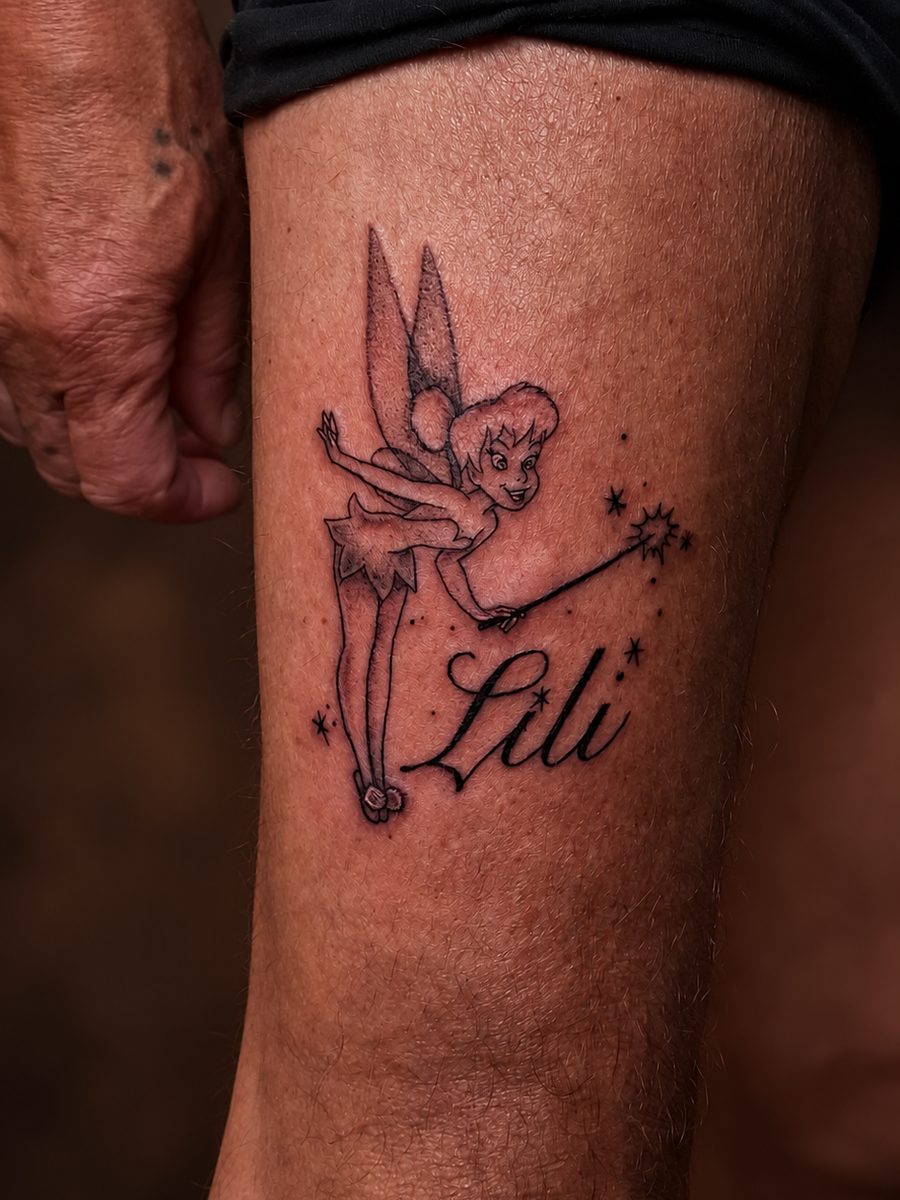 Illustrative tattoo van een figuurtje met een naam op de dij, gezet bij EmmsTattoo in Lelystad