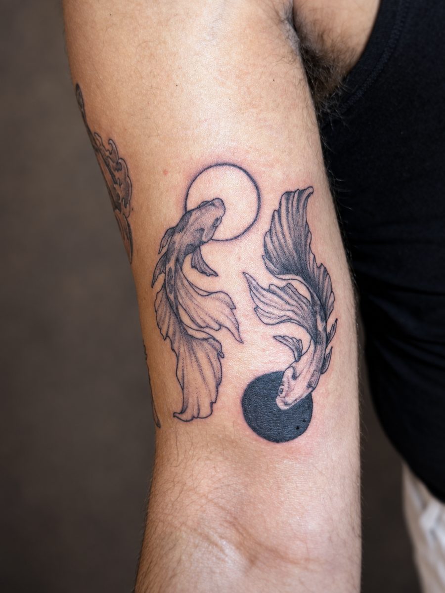 Illustrative tattoo van een koi met maan op de bovenarm, gezet in Lelystad