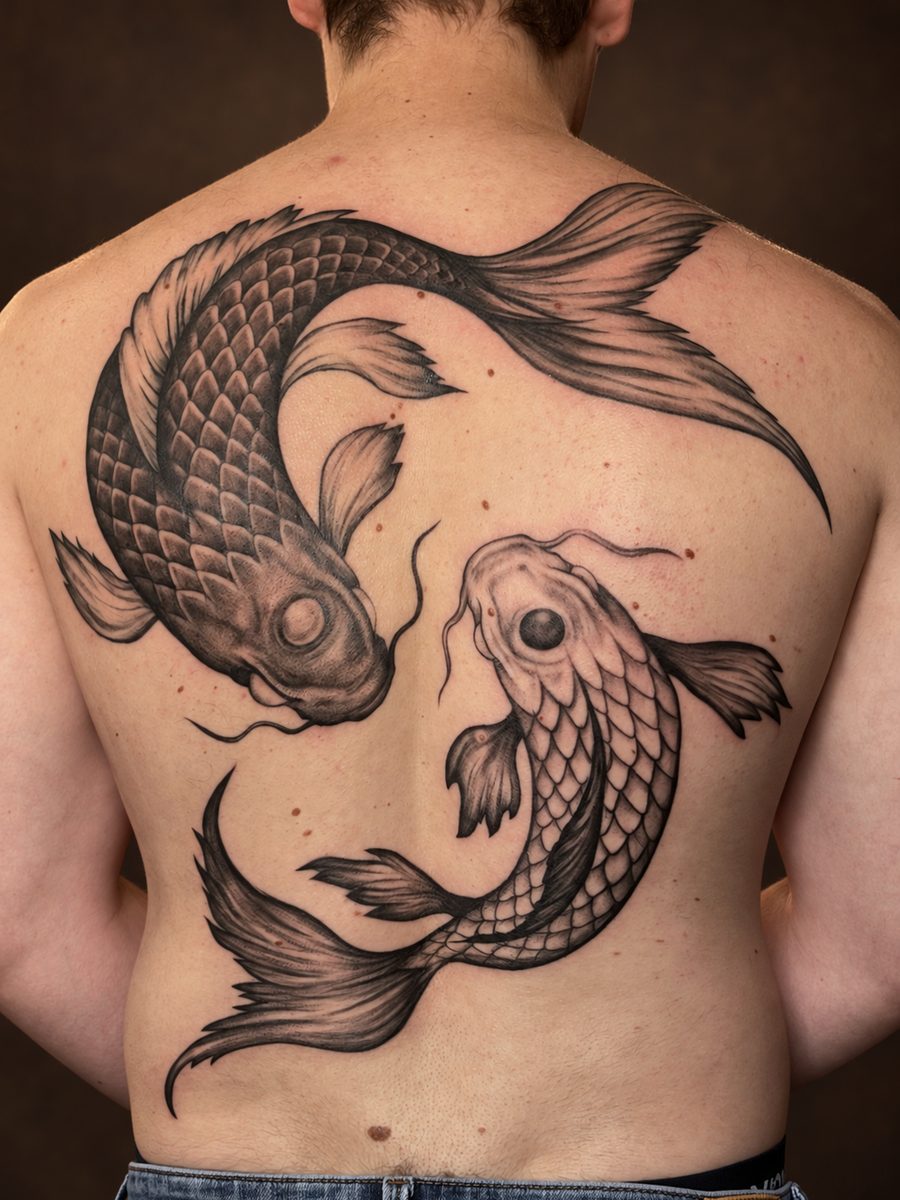 Illustrative tattoo van twee koi vissen over de volle rug, gezet in Lelystad