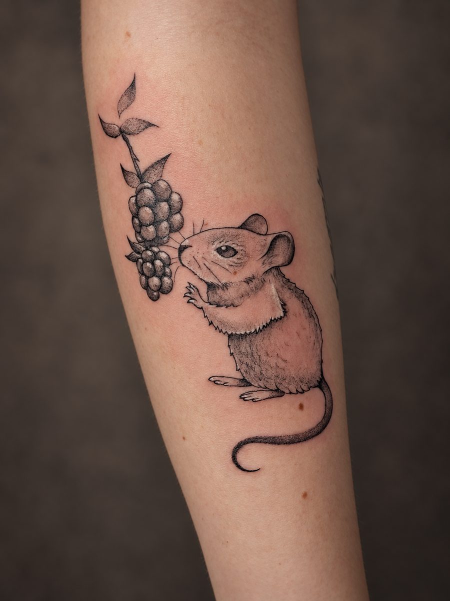 Illustrative tattoo van een muis met druiven op de bovenarm