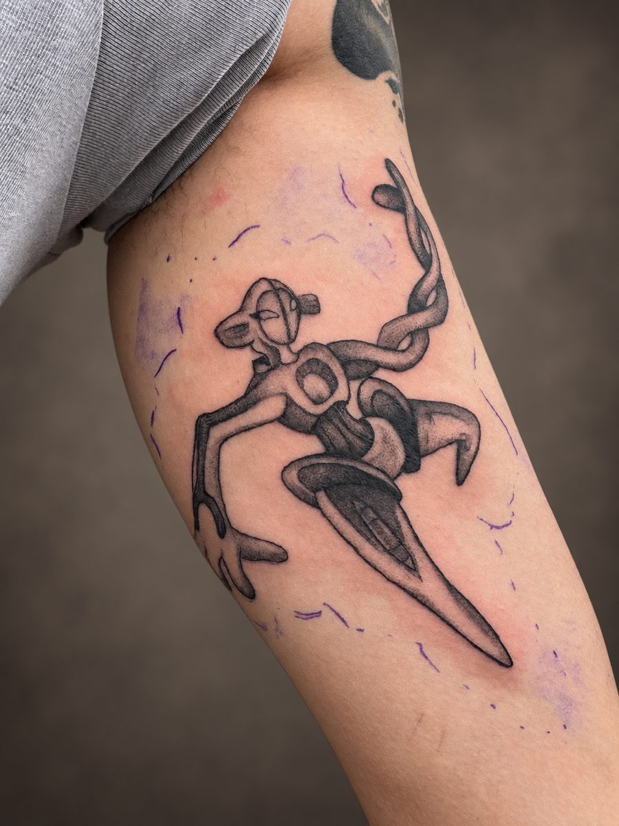 Illustrative tattoo van een skeletwezen op de bovenarm