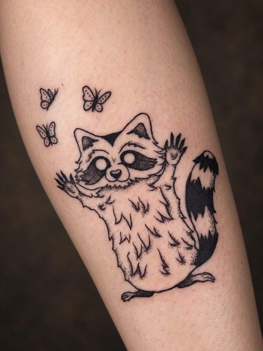 Illustrative tattoo van een wasbeer met vlinders op de onderarm, gezet bij EmmsTattoo in Lelystad