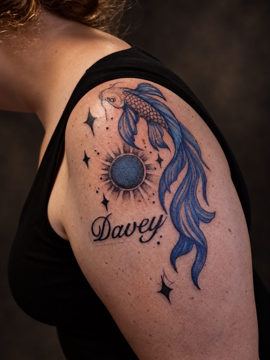 Illustrative tattoo van een zon en maan met een naam op de schouder, gezet bij EmmsTattoo in Lelystad