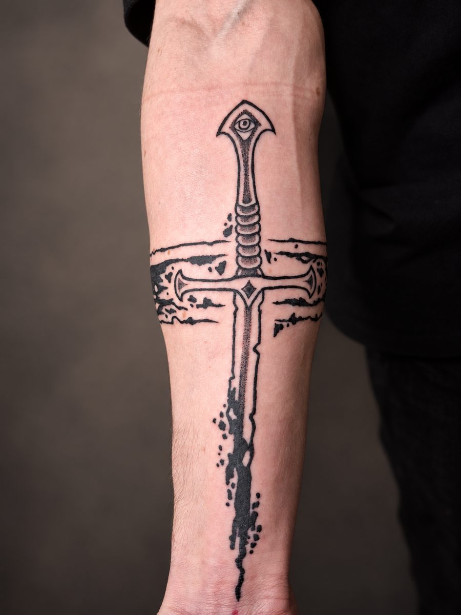Illustrative tattoo van een gedetailleerd zwaard over de onderarm, gezet bij EmmsTattoo in Lelystad